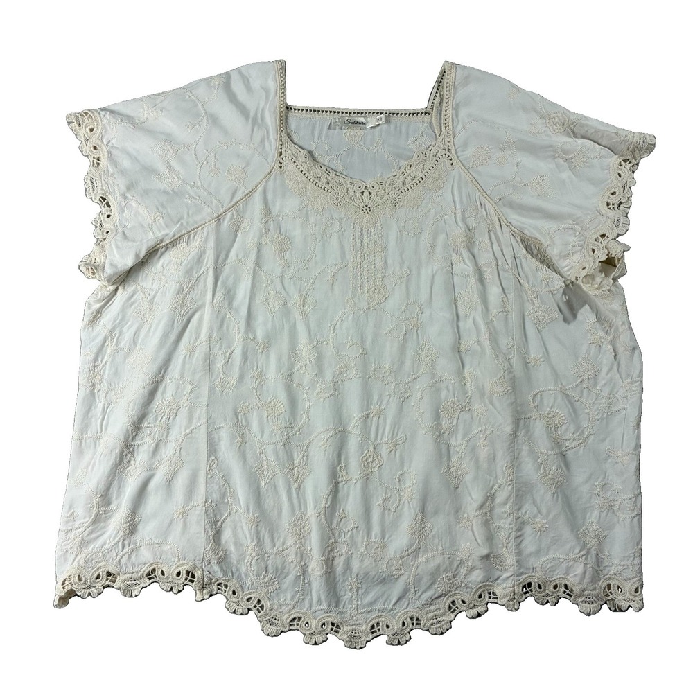 Solitaire Embroidered Short Sleeve Blouse Lace Trim Ivory Women 1X Boho Romantic
